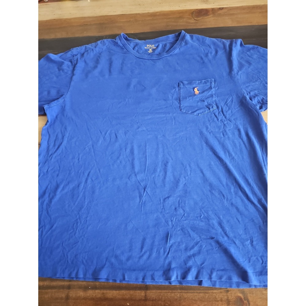 Polo Ralph Lauren Men's XL Blue Pocket T Shirt Orange Pony Logo 100% Cotton 0061